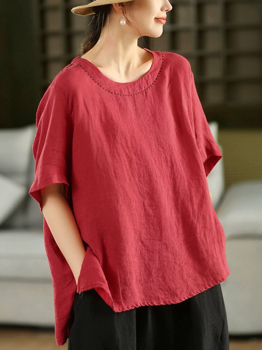Women Summer Retro Pure Color O-Neck 100%Linen Shirt