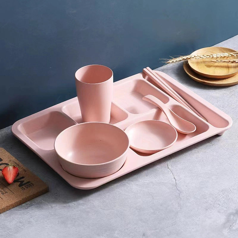 Creative Wheat Straw Dinner Plate Set Household Adult And Student's Split Fast Food Plate Thickened Canteen Rice Plate Bowl Cup And Saucer