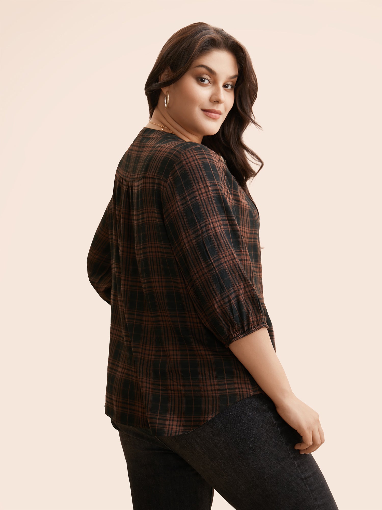 Plaid Pleated Button Placket Blouse