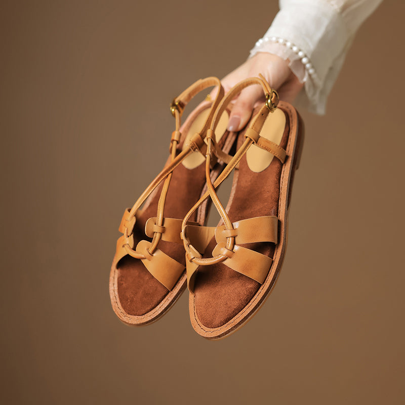 Genuine Leather X-Strap Woven Peep Toe Slingback Flat Sandals in Apricot/Beige/Brown