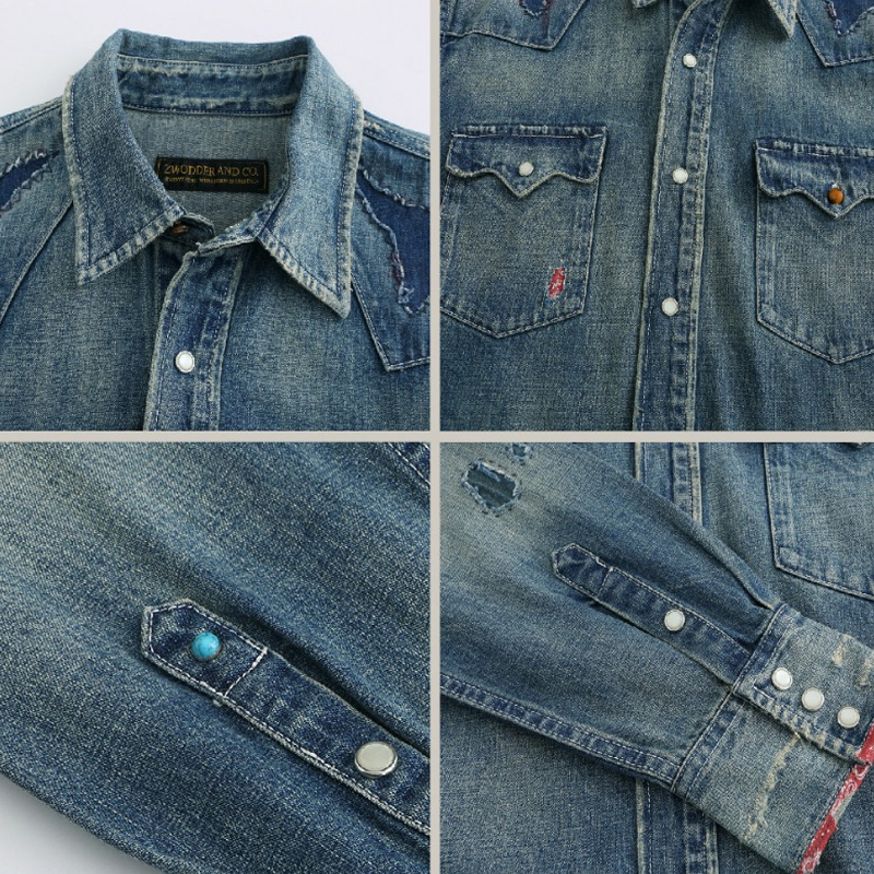 American Western Denim Stitching Washed Distressed Casual Shirt