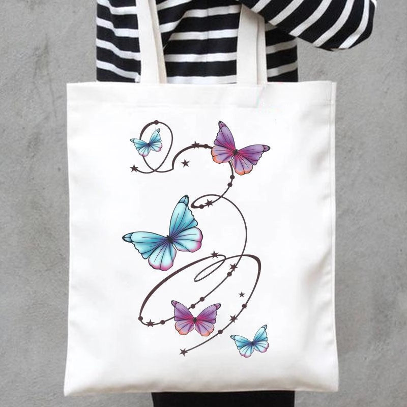 Women's Canvas Printing Heart Shape Butterfly Streetwear Square Open Canvas Bag