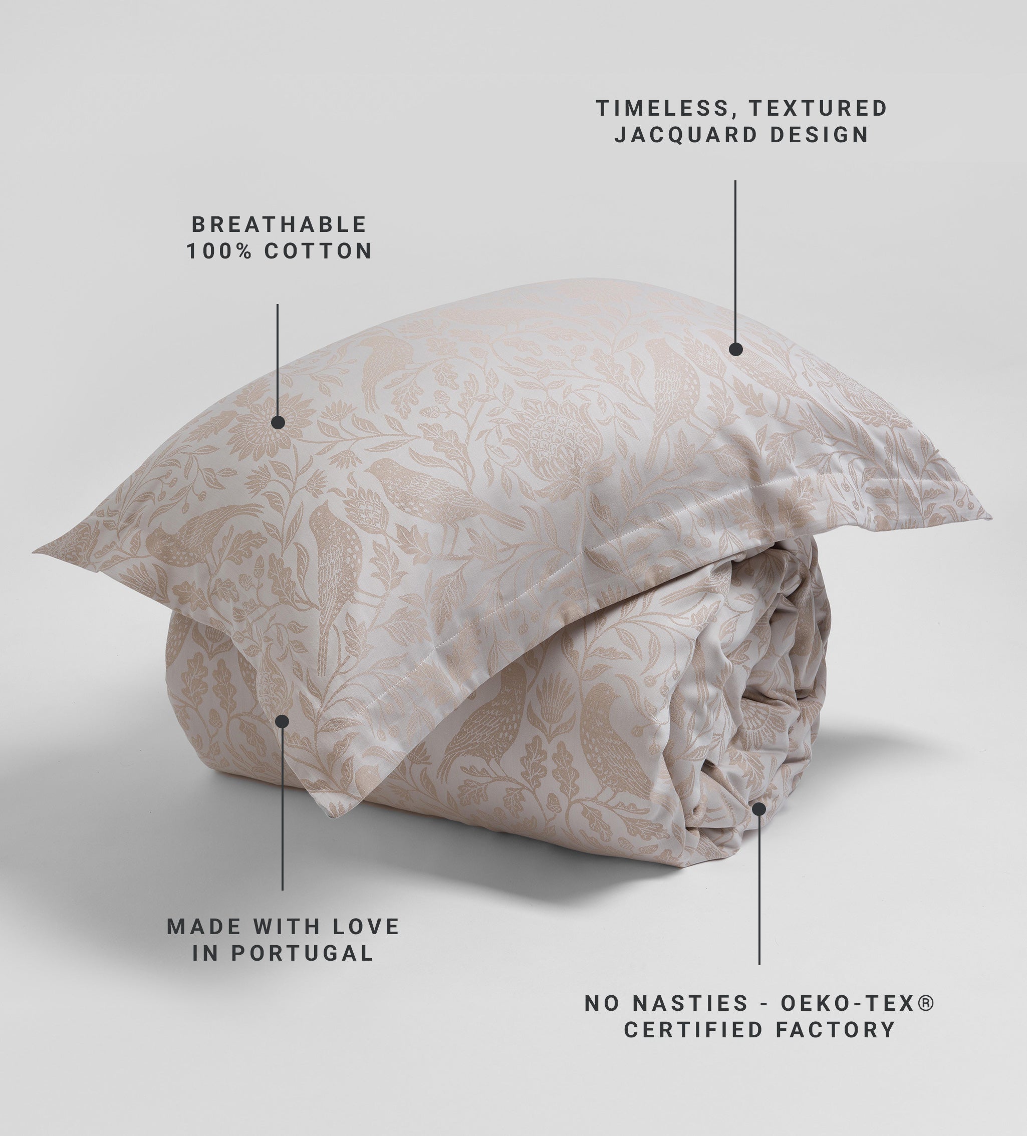 Natural Birdie Jacquard 100% Cotton Pillowcase