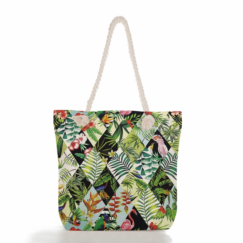 Women's Medium Canvas Geometric Flower Basic Classic Style Square Zipper Tote Bag