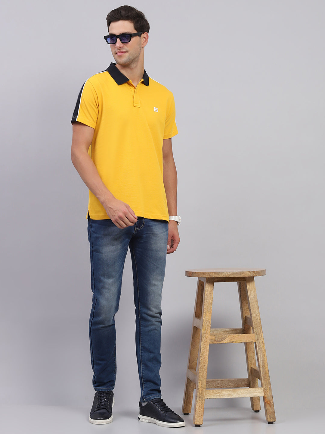 Men Mustard Solid Collar Half Sleeve T-Shirt