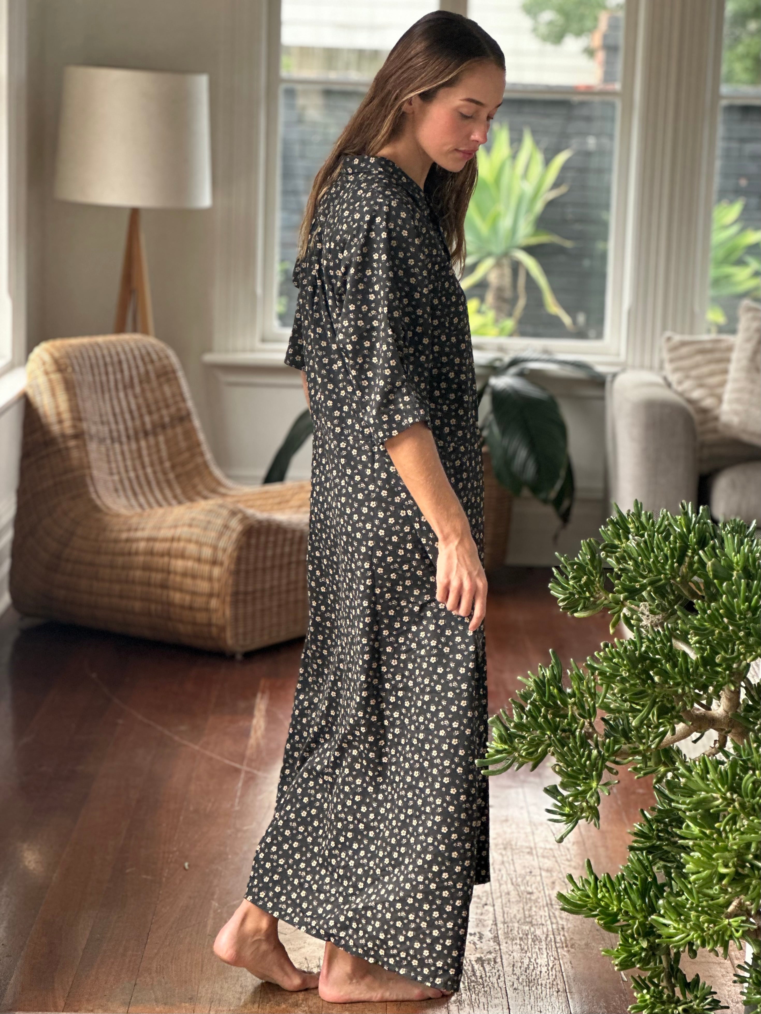 bridget dress -small charcoal  flower cotton