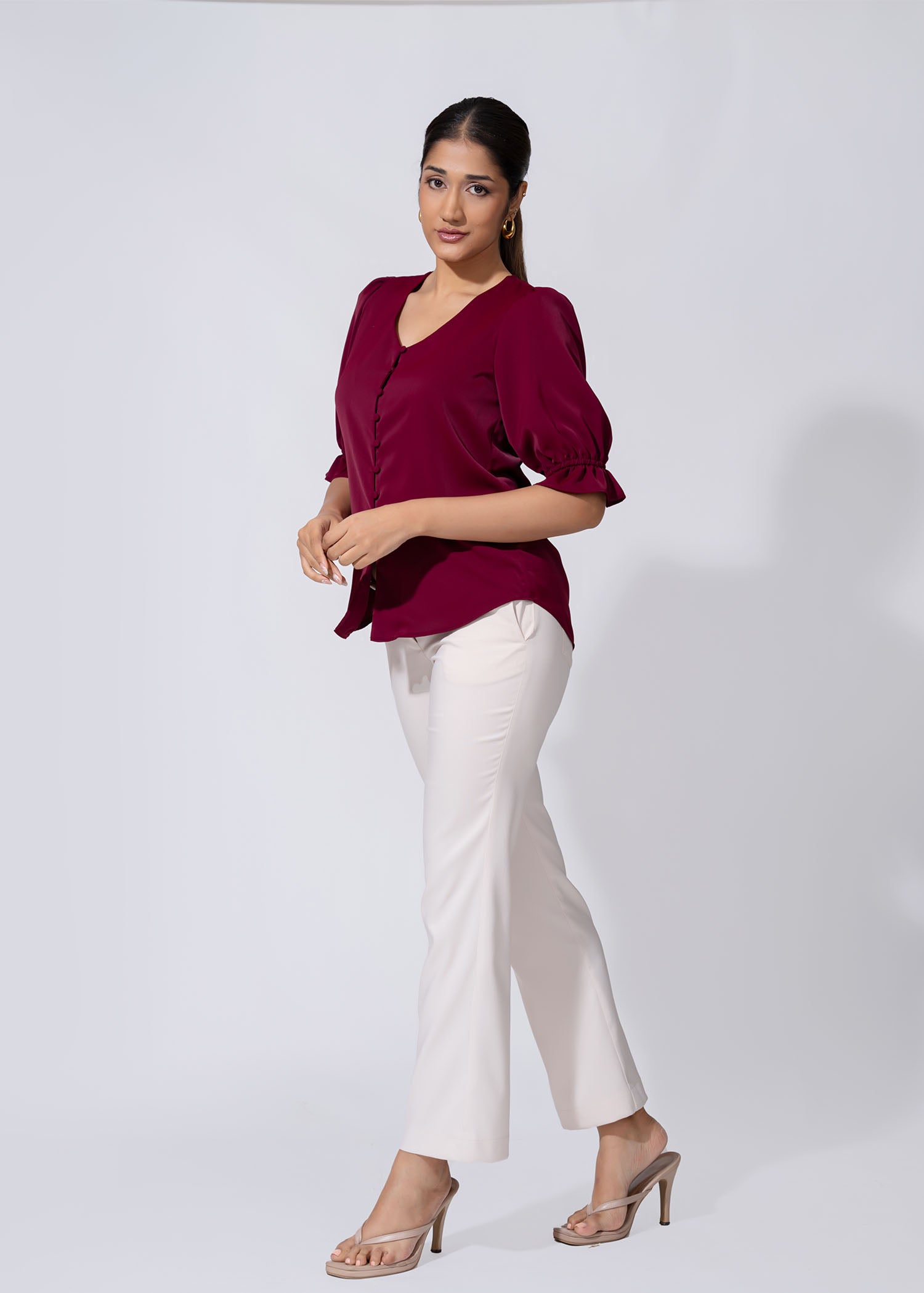 V Neck Button Down Blouse With Puff Sleeve