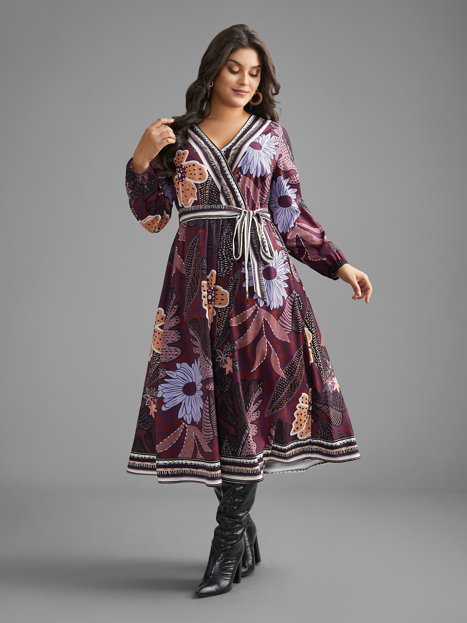 Boho Print Belted Lantern Sleeve Dress