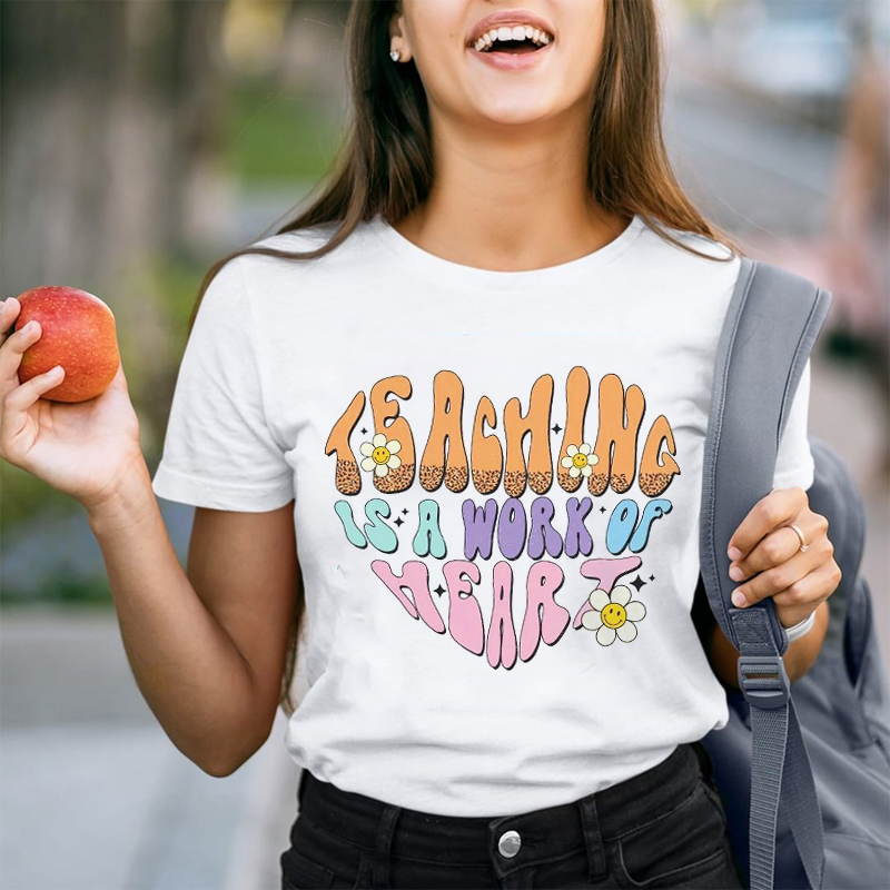 Teaching Is A Work Of Heart Leopard Print Sunflower  T-Shirt