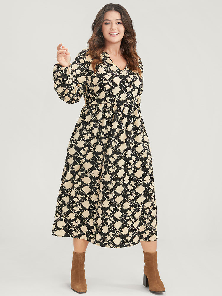Floral Lantern Sleeve Pocket V Neck Midi Dress