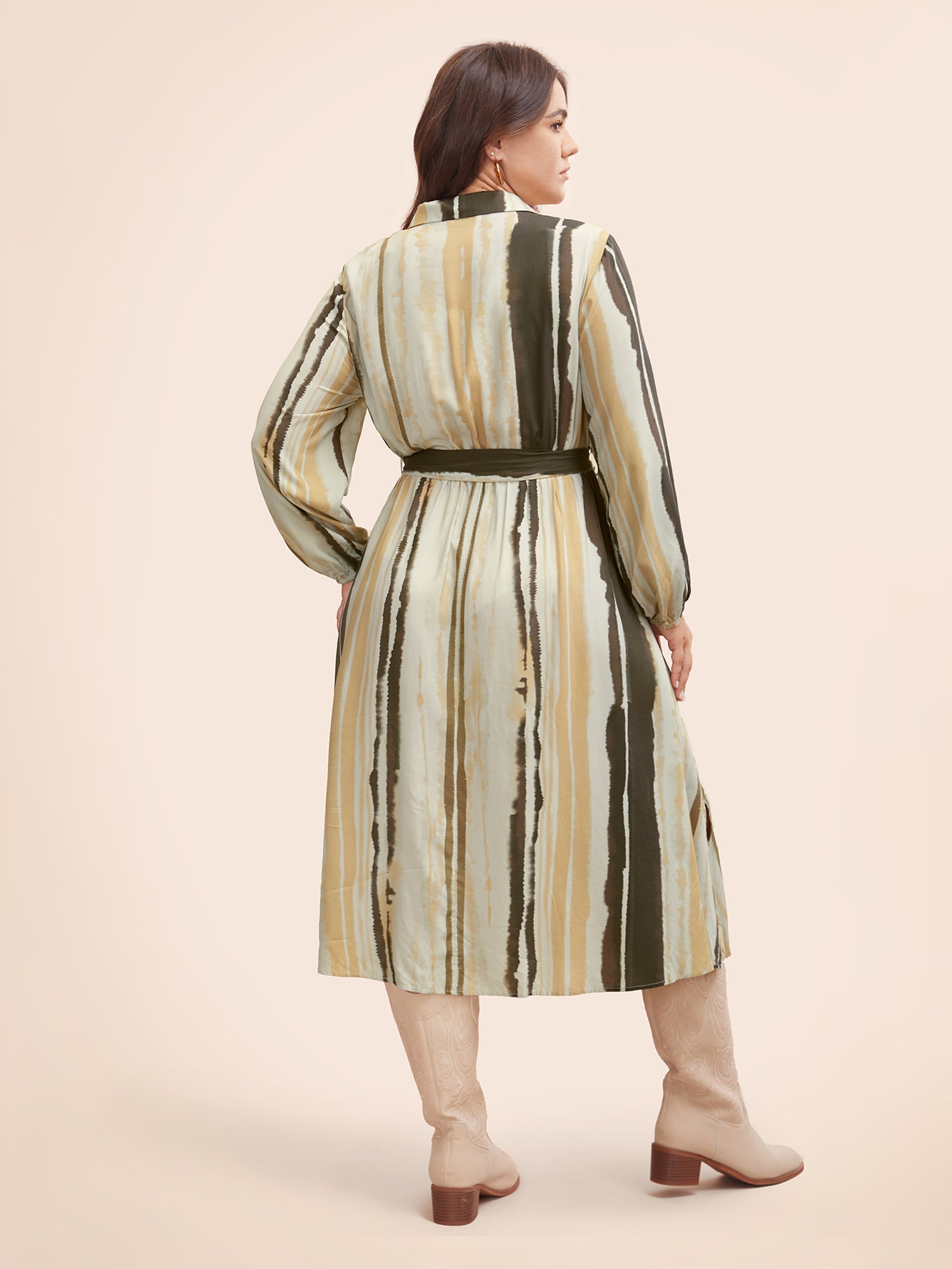 Shirt Collar Striped Pocket Belted Dress
