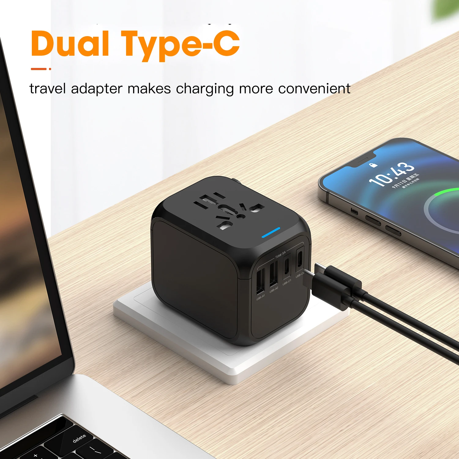 All in One Universal Travel Plug Adapter with Dual USB A and C Ports Worldwide Compatible with USA EU UK AUS Socket