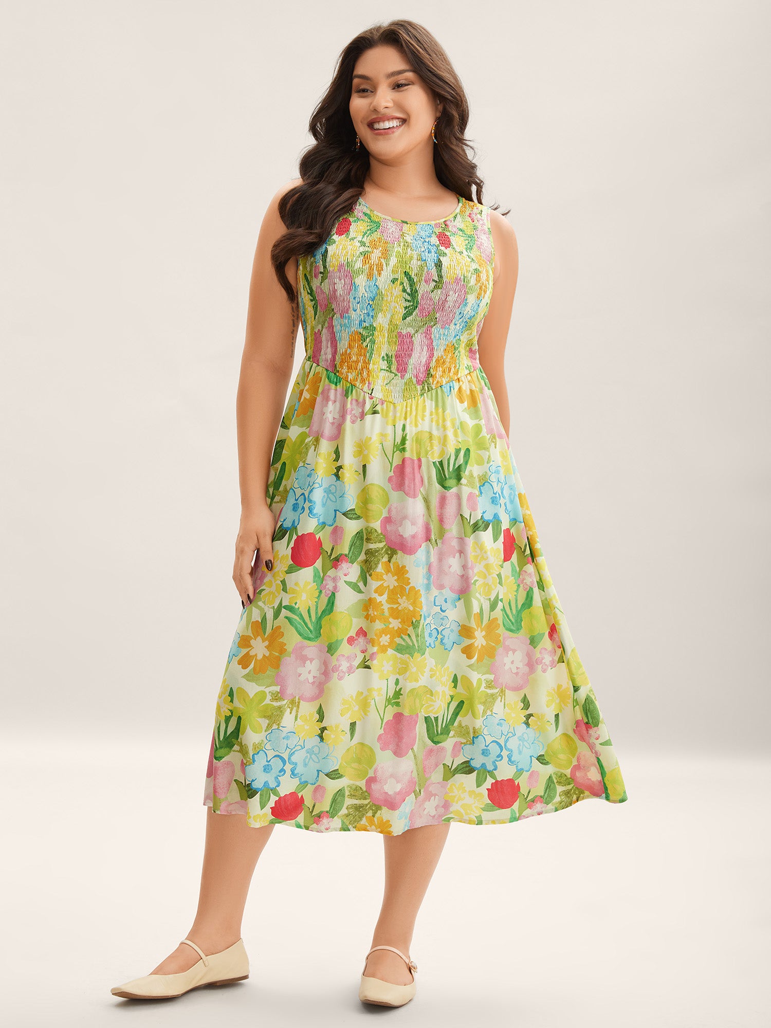 Neon Heartbeat Floral Shirred Midi Dress