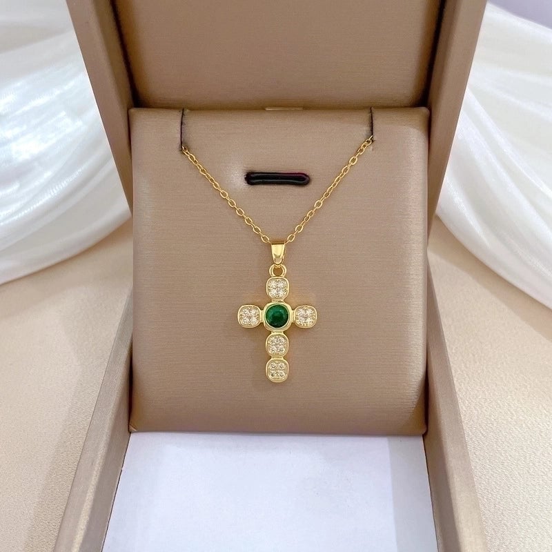 Titanium Steel Copper Exaggerated Plating Inlay Cross Artificial Gemstones Pendant Necklace