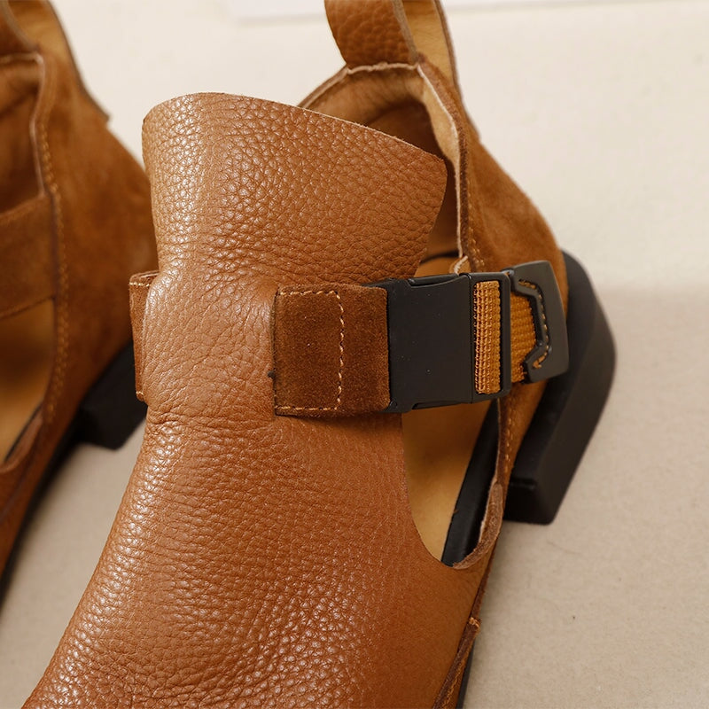 Full-Grain Leather Block Heel Suede Toe Cap Sandals with Buckle Closure in Black/Brown