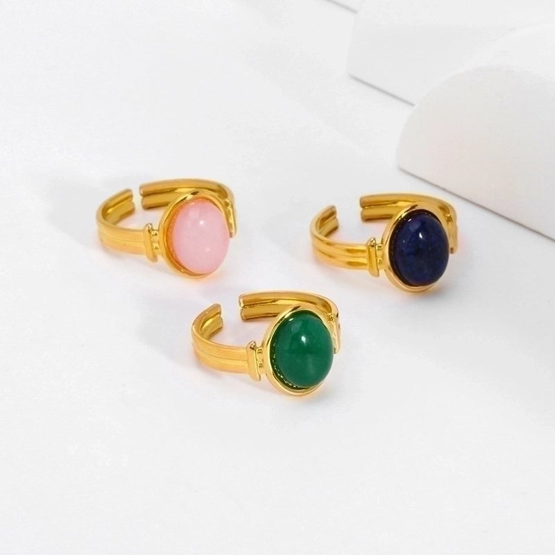 304 Stainless Steel 18K Gold Plated Retro Plating Inlay Heart Shape Solid Color Natural Stone Open Rings