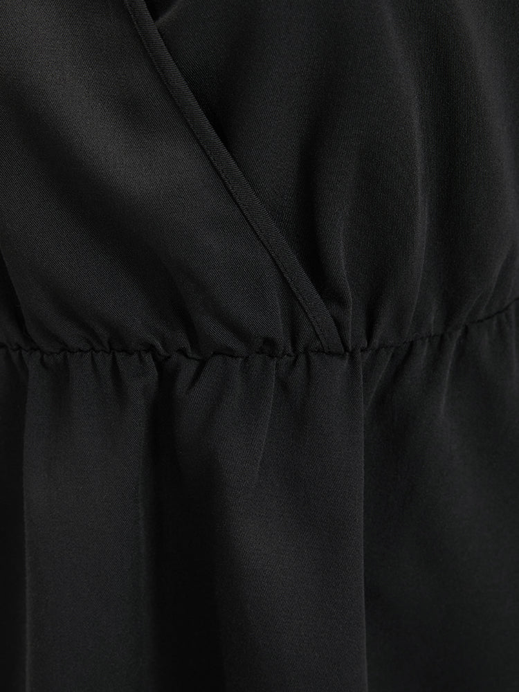 Solid Lantern Sleeve Keyhole Round Neck Ruffle Blouse