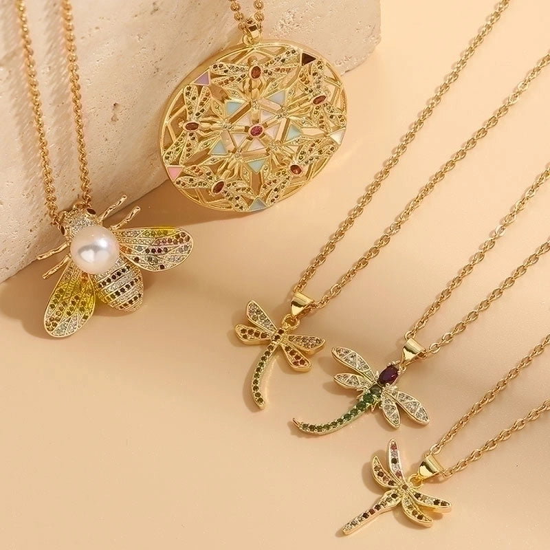 304 Stainless Steel Copper Lady Irregular Plating Inlay Insect Artificial Pearls Zircon Pendant Necklace