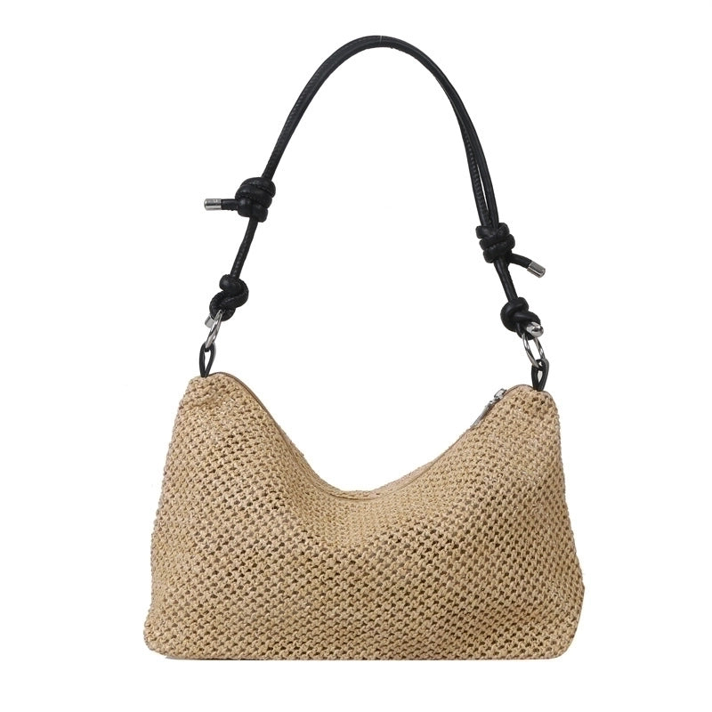 Women's Medium Straw Solid Color Classic Style Square Zipper Shoulder Bag