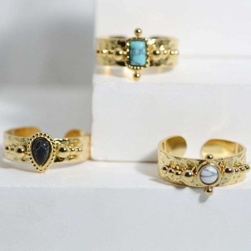 Fashion Round Square 304 Stainless Steel Artificial Gemstones 14K Gold Plated Plating Inlay Open Ring
