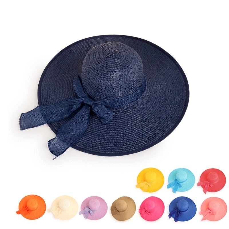Fashion Solid Color Big Eaves Sunshadebowknot Straw Hat