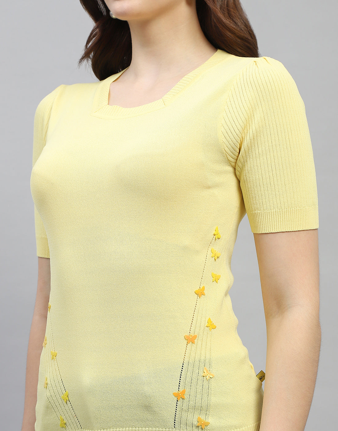 Women Yellow Solid Round Neck Half Sleeve Top