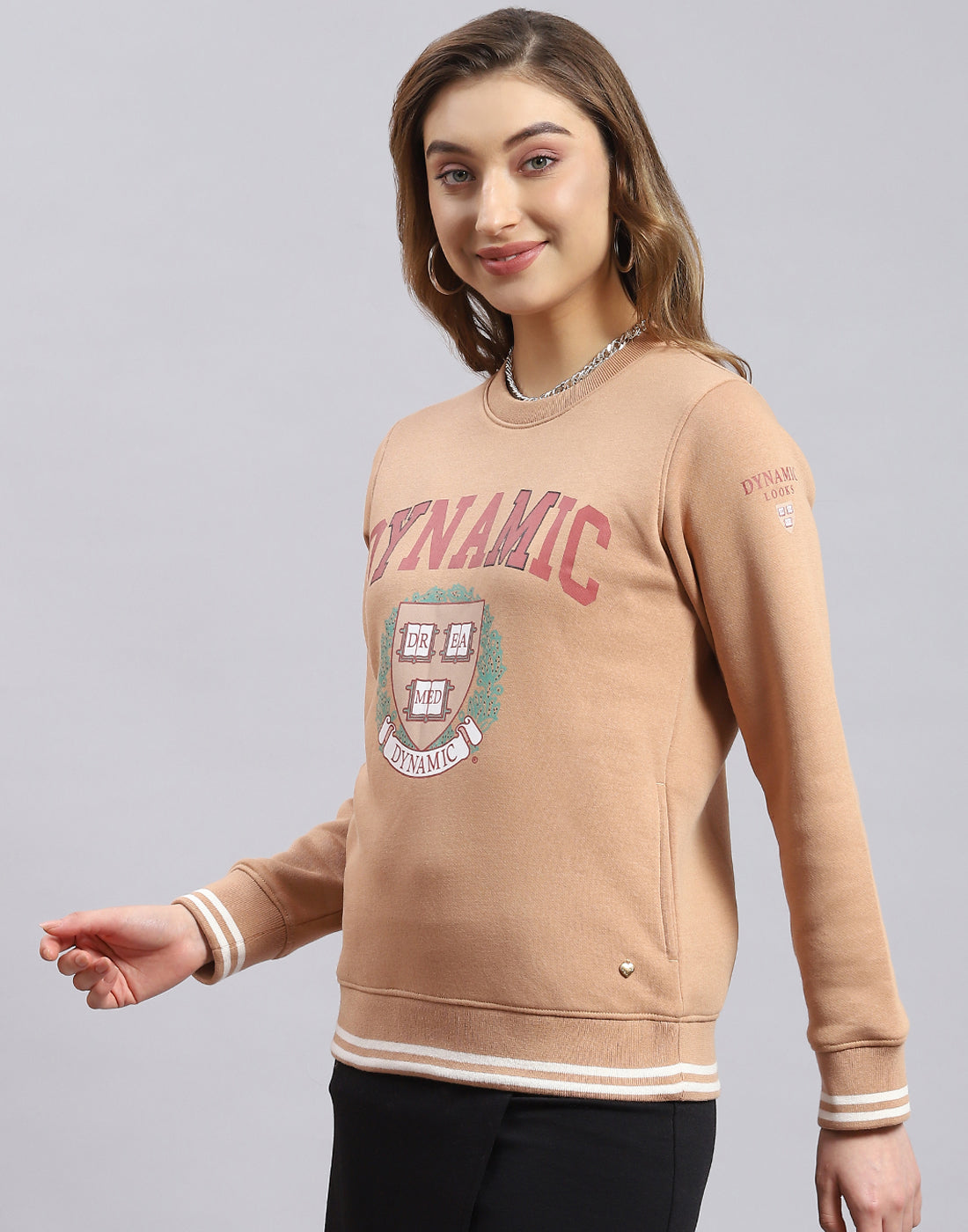 Women Beige Printed Round Neck Full Sleeve Sweatshirt