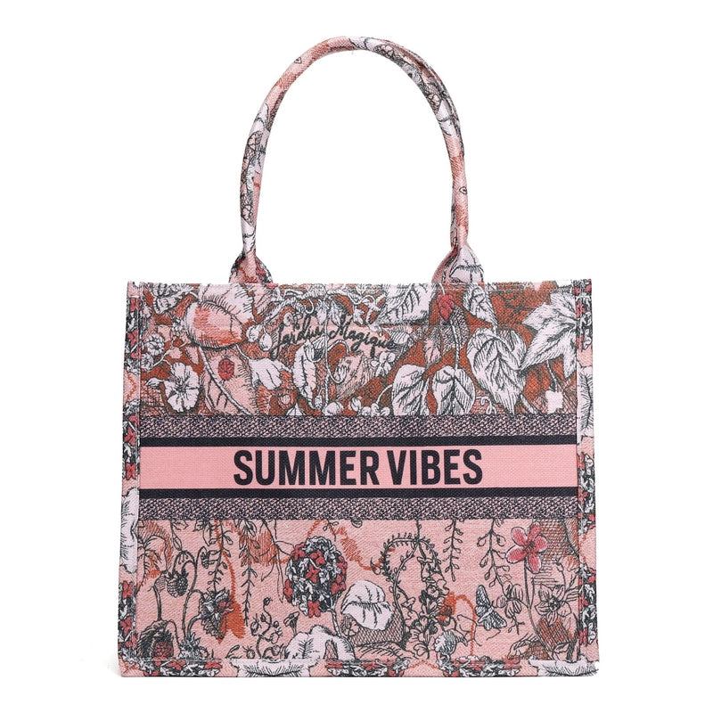 Women's Canvas Animal Letter Flower Elegant Embroidery Square Zipper Tote Bag