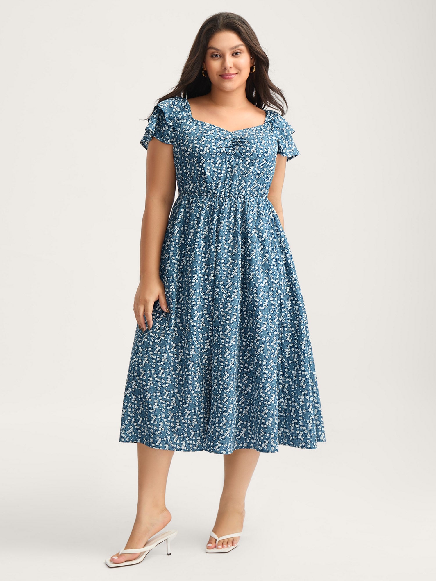 Ditsy Floral Print Layered Ruffled Sleeve Dress