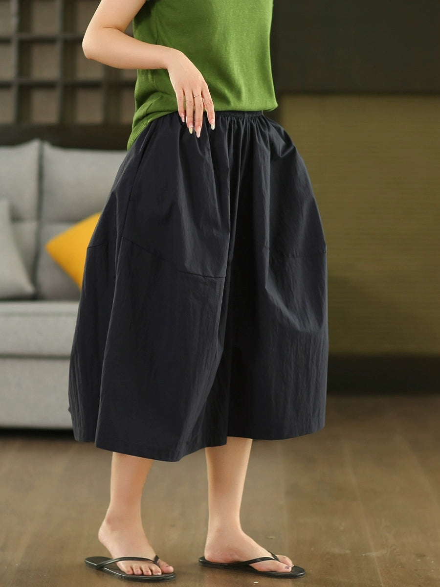 Women Summer Pure Color Cotton Wide-leg Cropped Pants