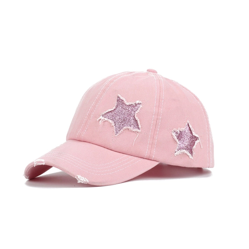 New Washed Old Baseball Cap Long Brim Sunshade Cap Cartoon Five-pointed Star Printed Outdoor Hat