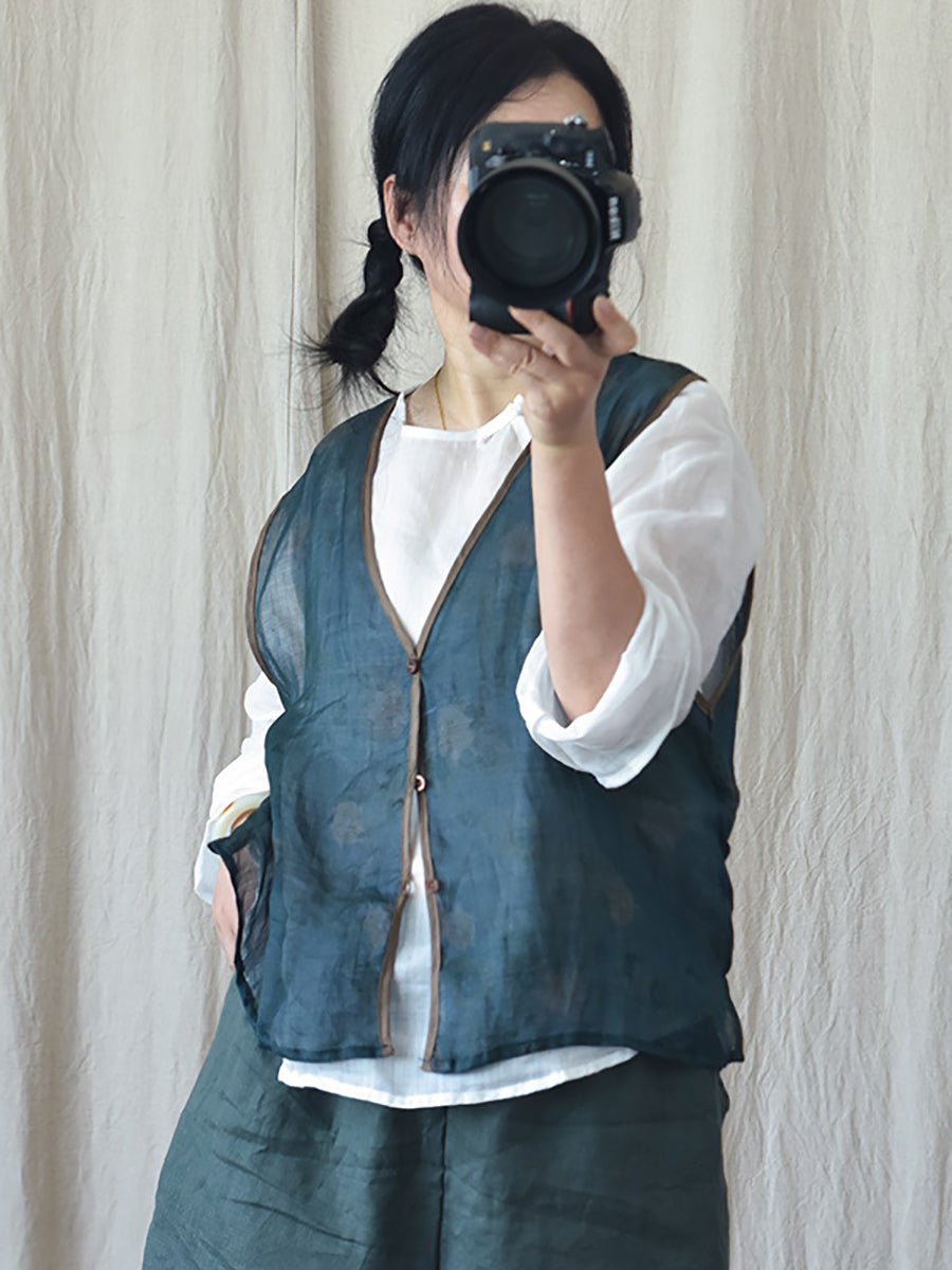Women Vintage Floral Print Ramie Vest