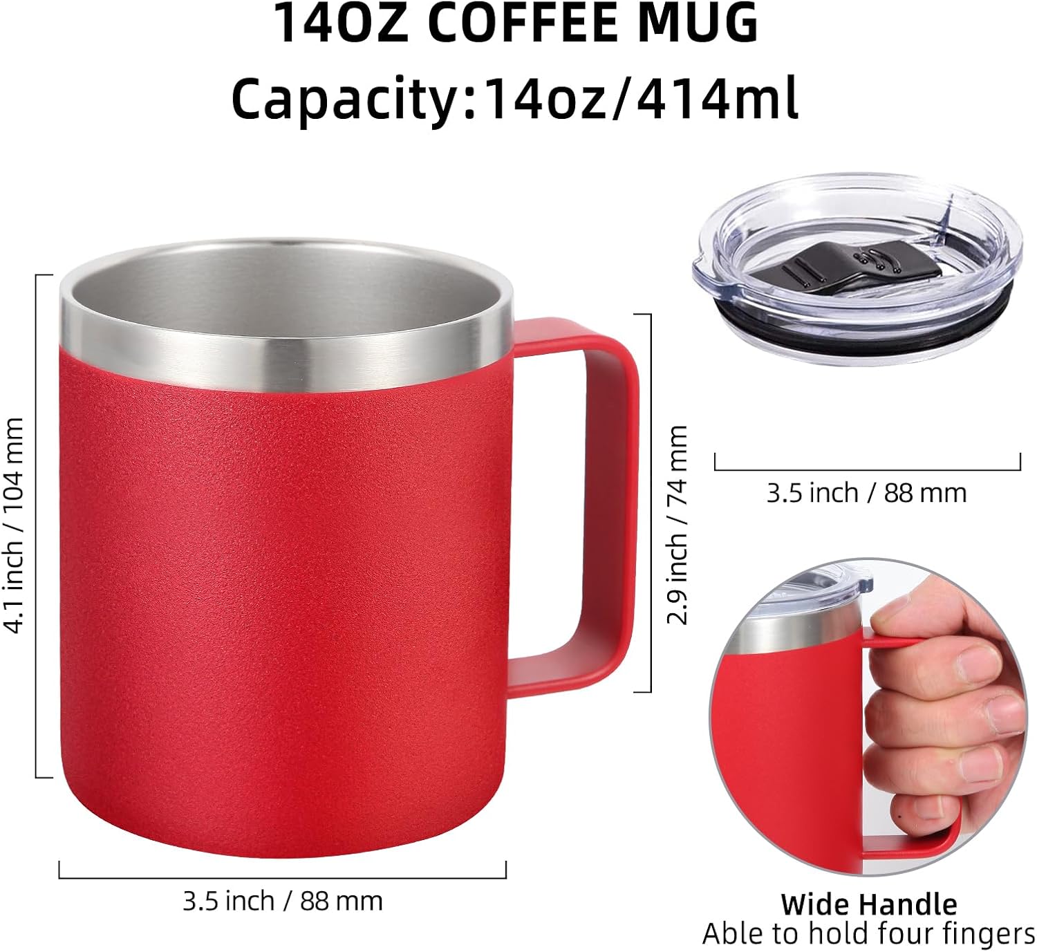 Volhoply 14oz Insulated Stainless Steel Coffee Mug with Leakproof Lid,Double Wall Vacuum Travel Coffee Cup with Handle,Reusable Metal Tumbler,Camping Mugs Keep Hot/Cold,Christmas Gifts(Black,1