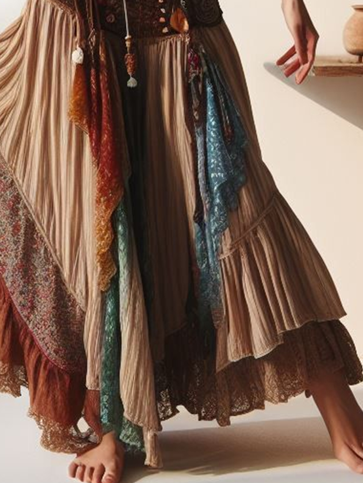 Boho Patchwork Floral Lace Trim Tiered Maxi Skirt