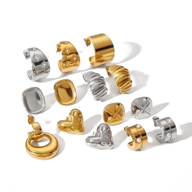 1 Pair IG Style Vintage Style C Shape Heart Shape Lingge Plating Pleated Inlay 304 Stainless Steel Pearl Zircon 18K Gold Plated Ear Studs