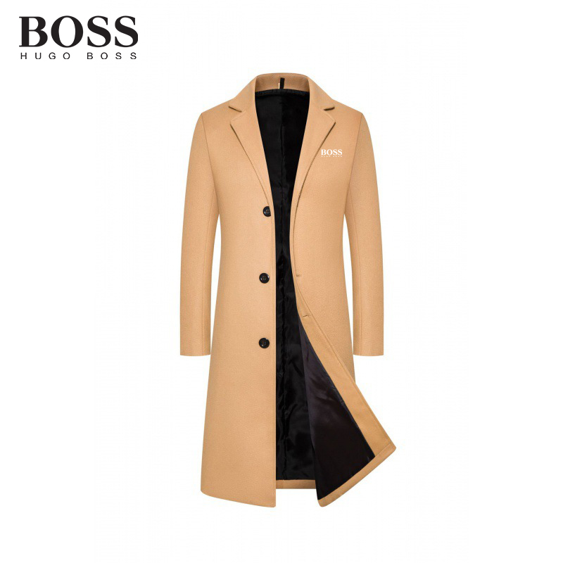 BOSS Men-s Trench Coat Long Wool Solid Color Thick Coat