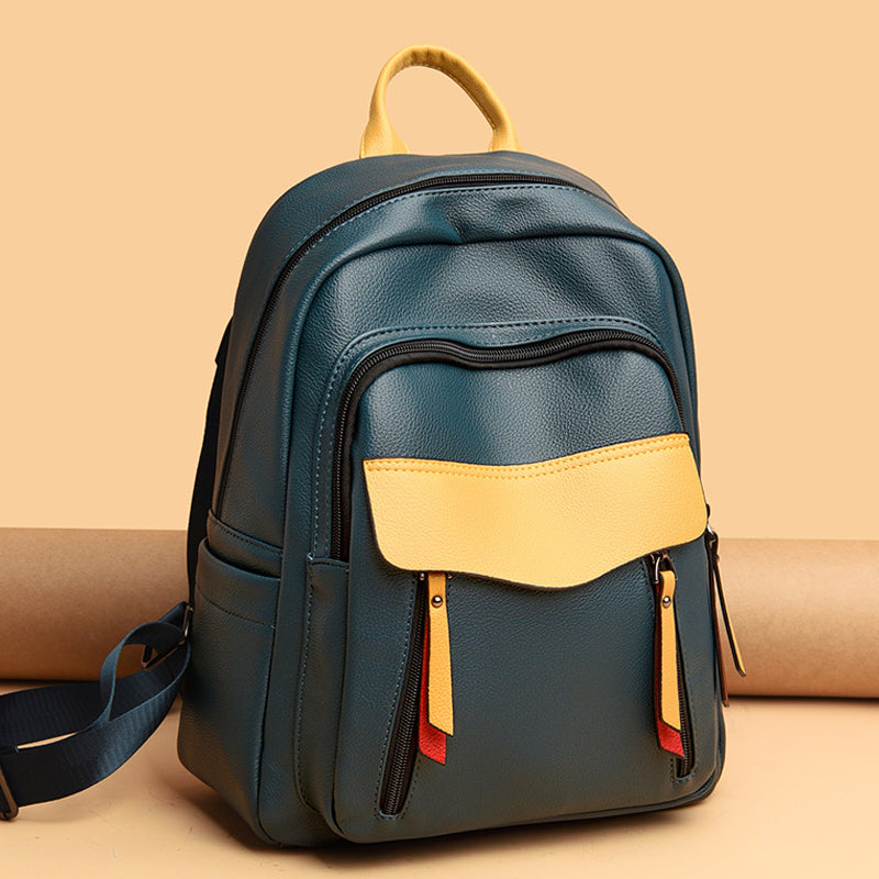 Contrast Color  Soft Leather Travel Backpack