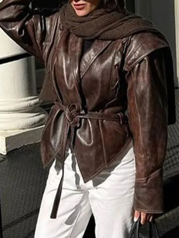 Long Sleeves Loose Split-Joint Tied Waist Lapel Jackets Outerwear