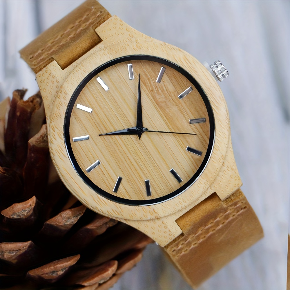 Simple Carbonized Bamboo Genuine Leather Strap Men's Quartz Watch