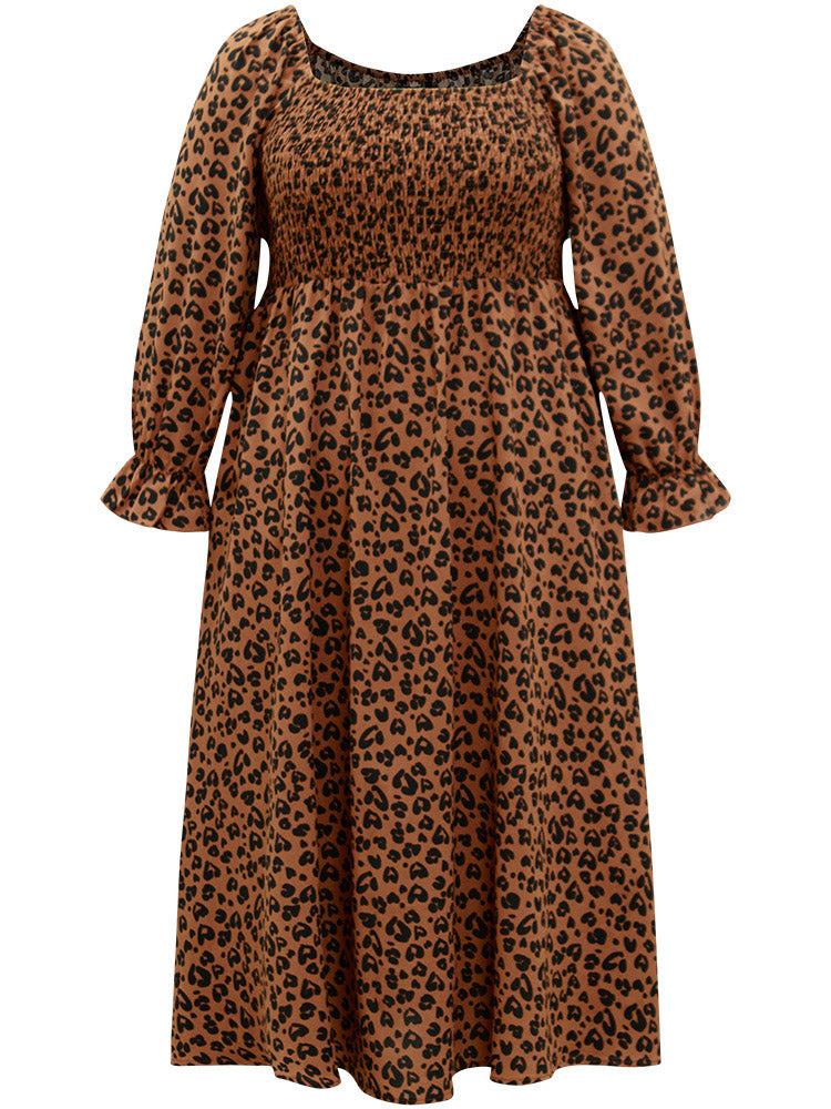 Leopard Print Shirred Square Neck Pocket Dress