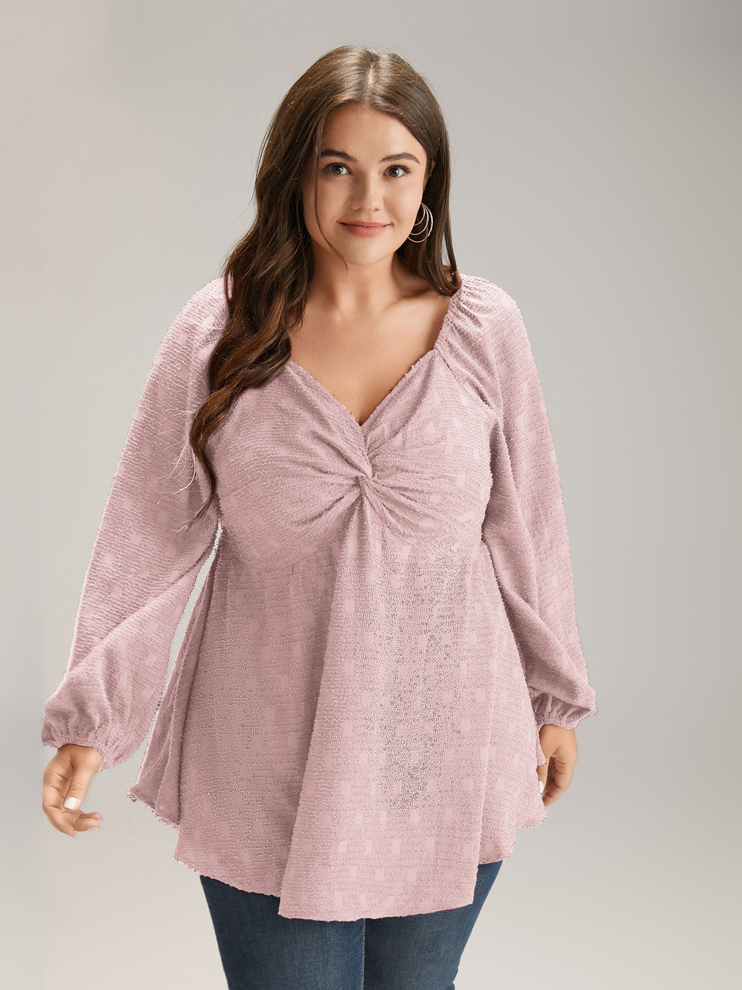 Solid Glitter Twist Front Gathered Blouse