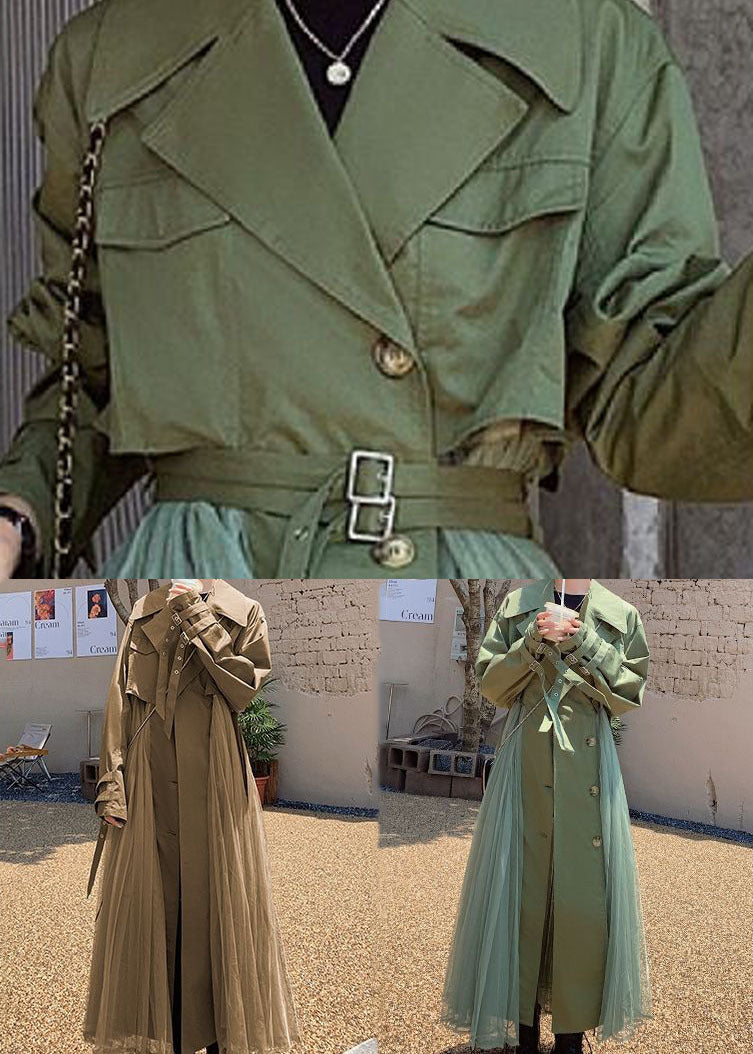 Women Khaki Peter Pan Collar Tulle Patchwork Cotton Trench Coat Long Sleeve