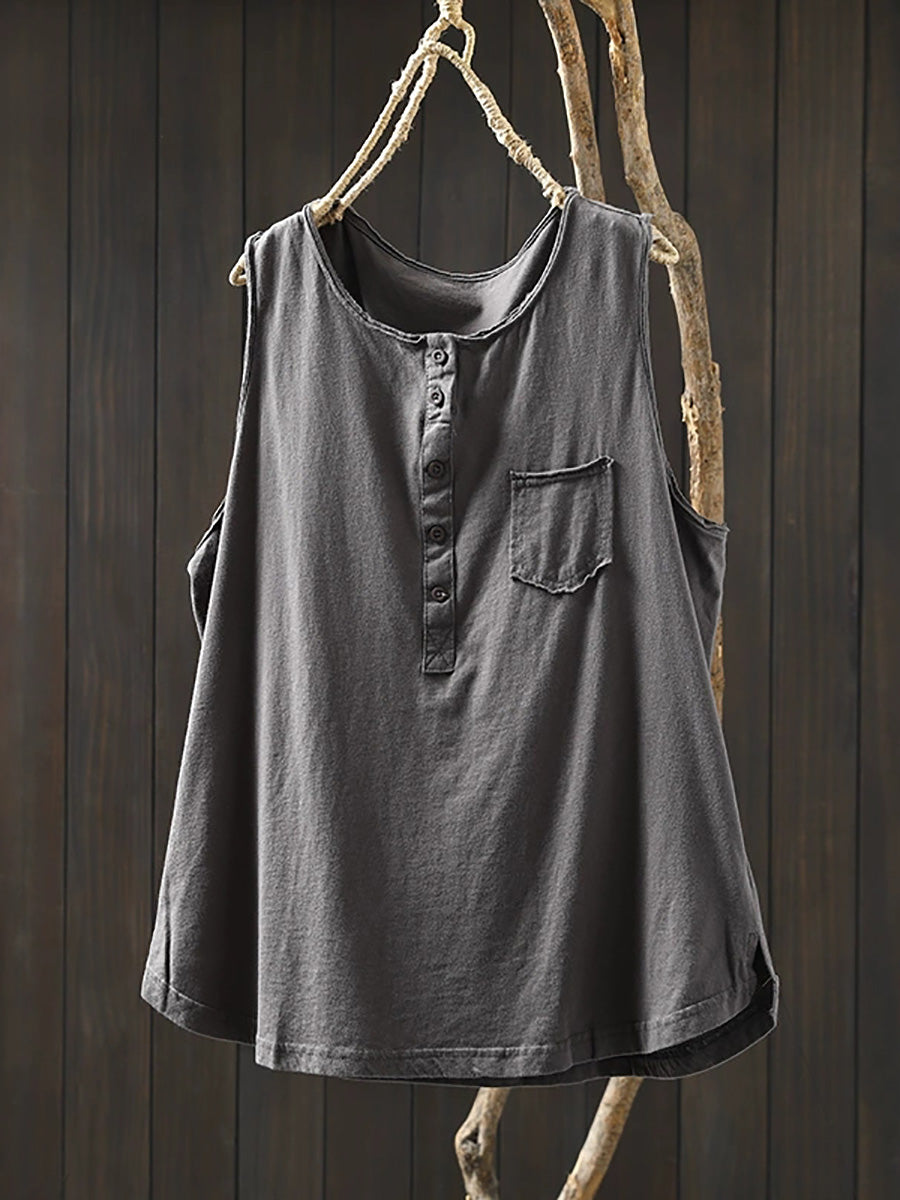 Women Summer Casual Pure Color O-Neck 100%Cotton Vest
