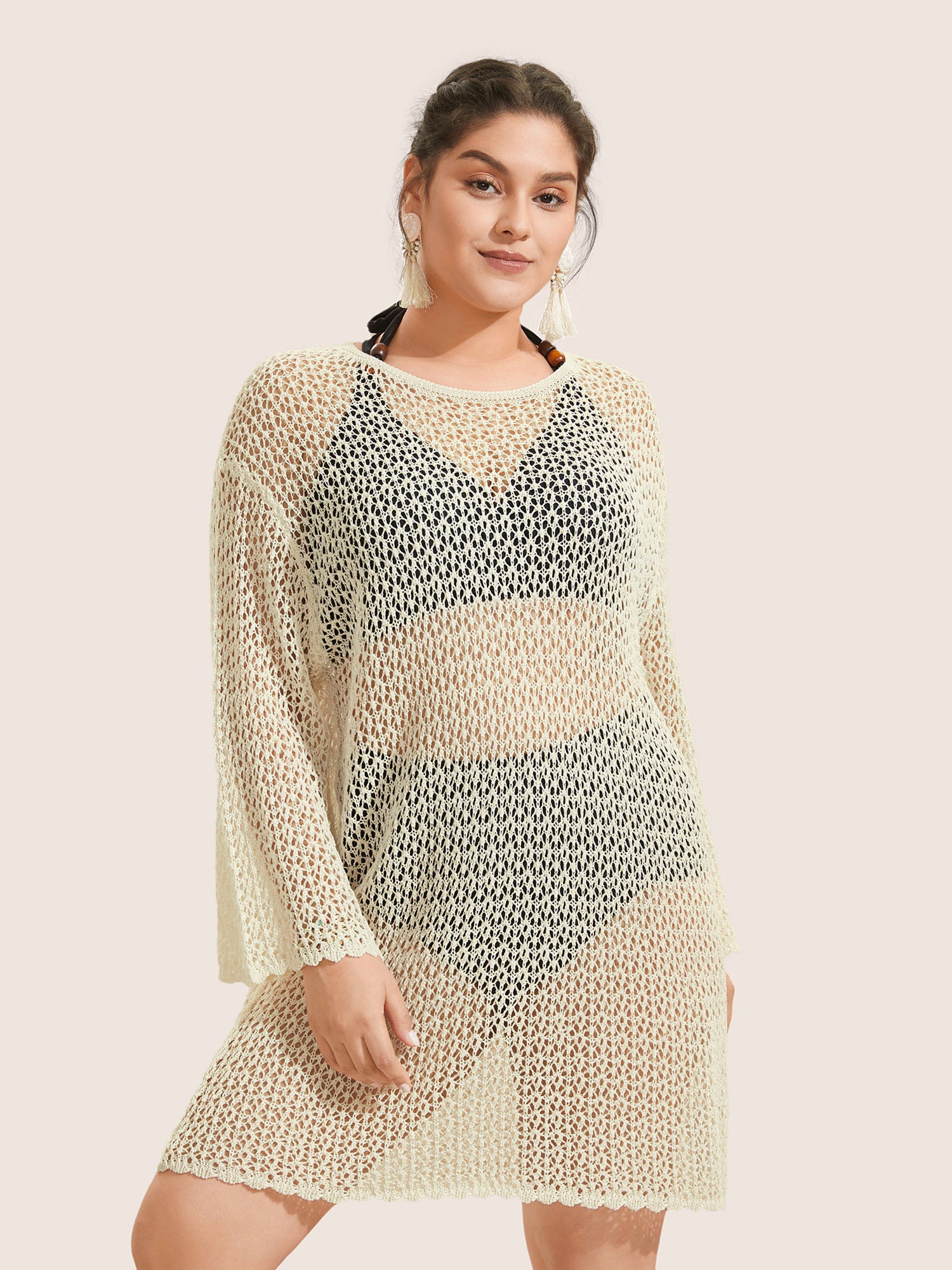 Plain Textur Pointelle Knit Bell Sleeve Swim Cover Up