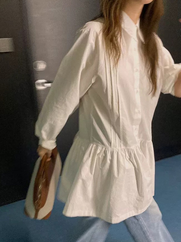 A-Line Long Sleeves Buttoned Pleated Solid Color Lapel Mini Dresses Shirt Dress