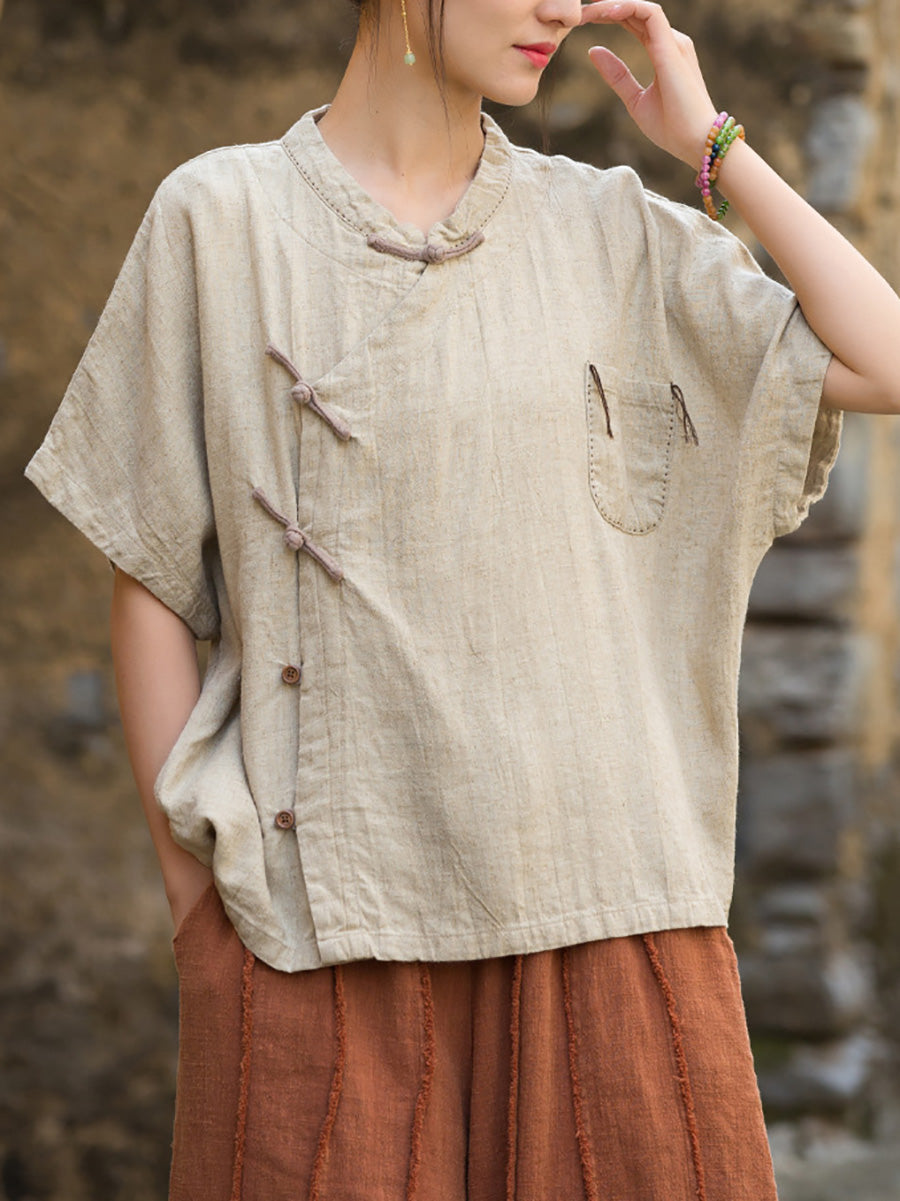 Women Summer Ethnic Pure Color Stand Collar Linen Shirt