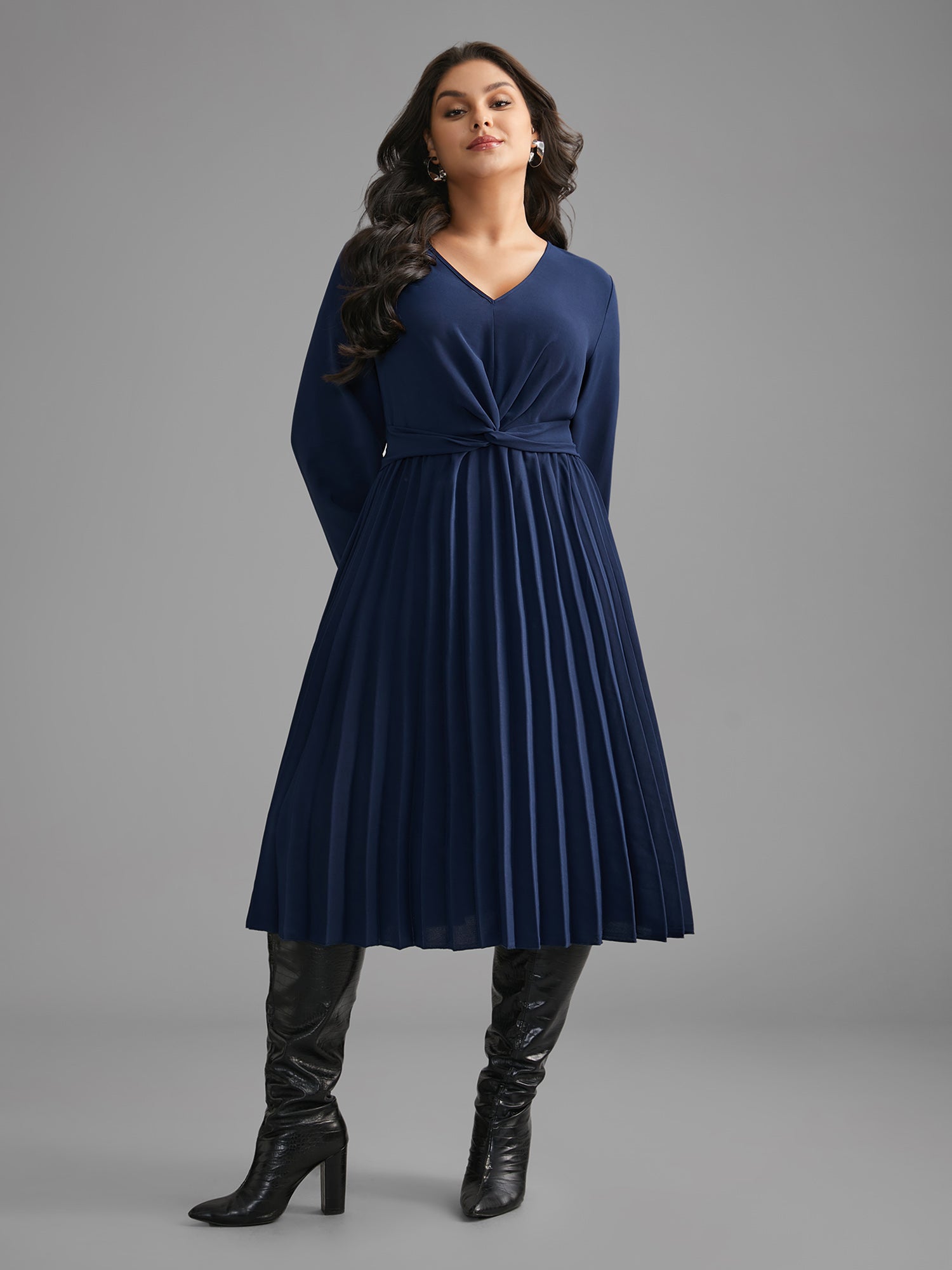 V Neck Twist Front Pleated Dress