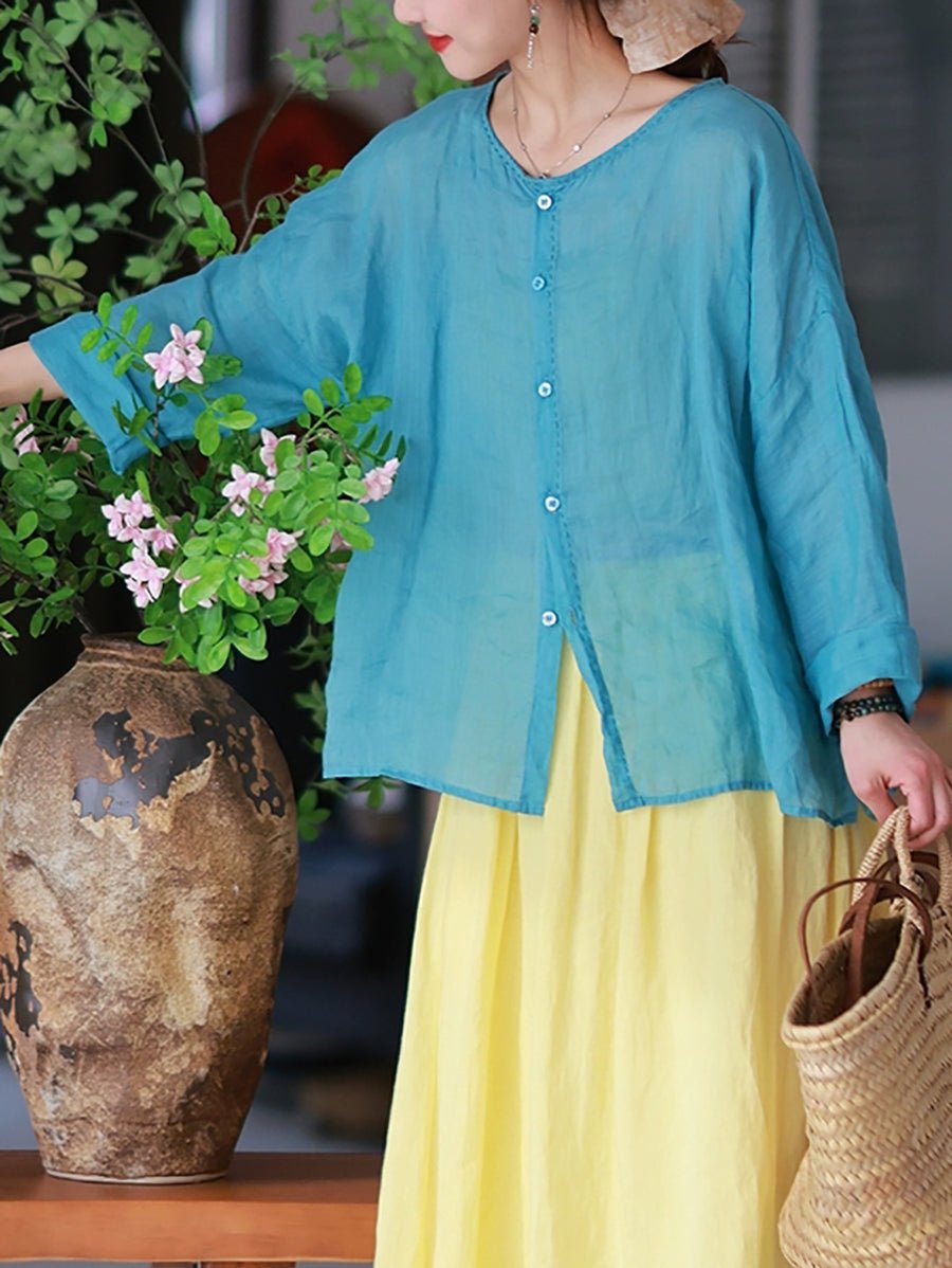 Women Summer Artsy Pure Color O-Neck 100%Ramie Shirt
