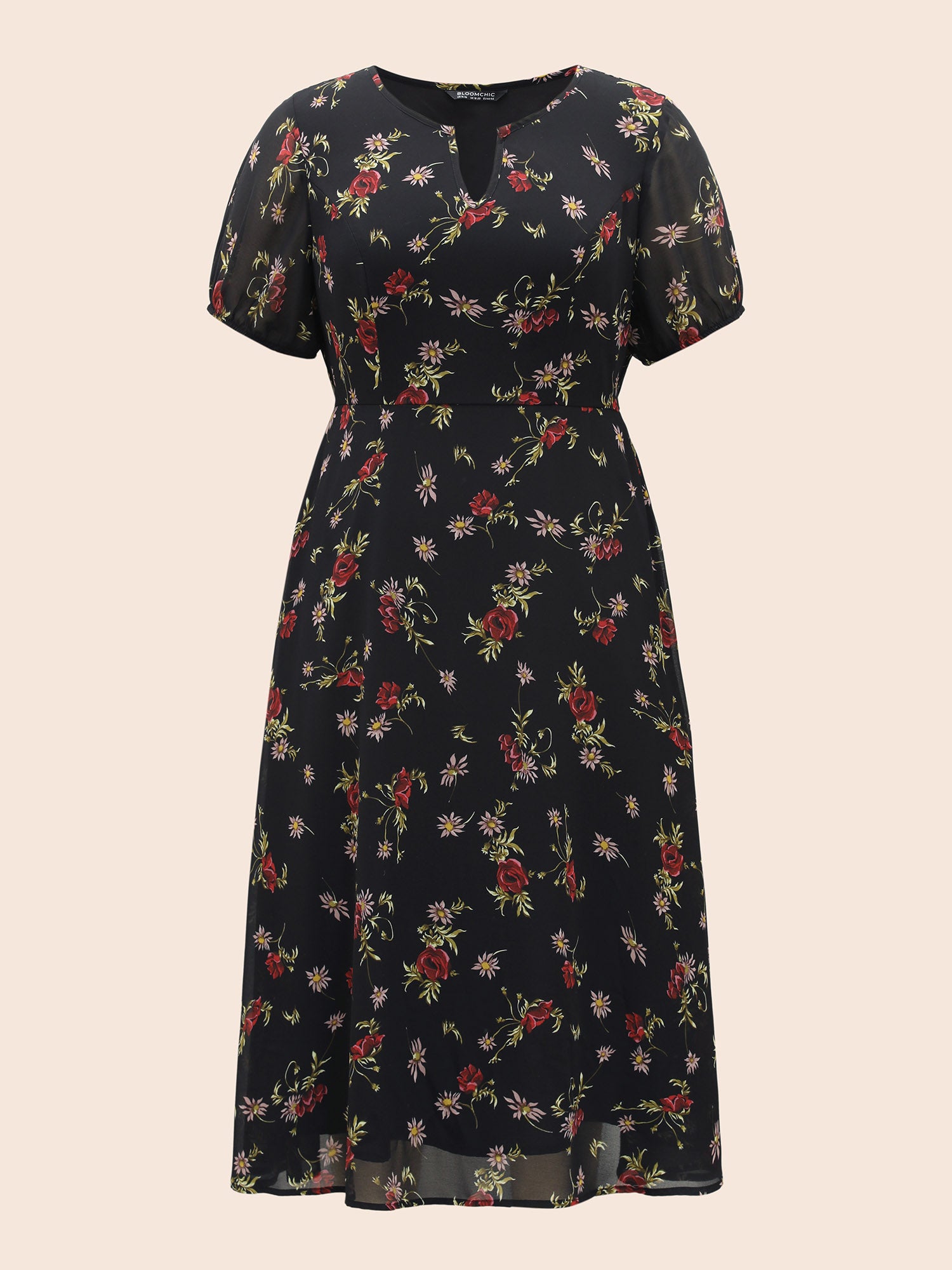 Floral Notched Chiffon Mesh Midi Dress