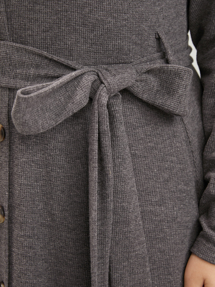 Solid Pocket Button Up Belted Rib Knit Dress